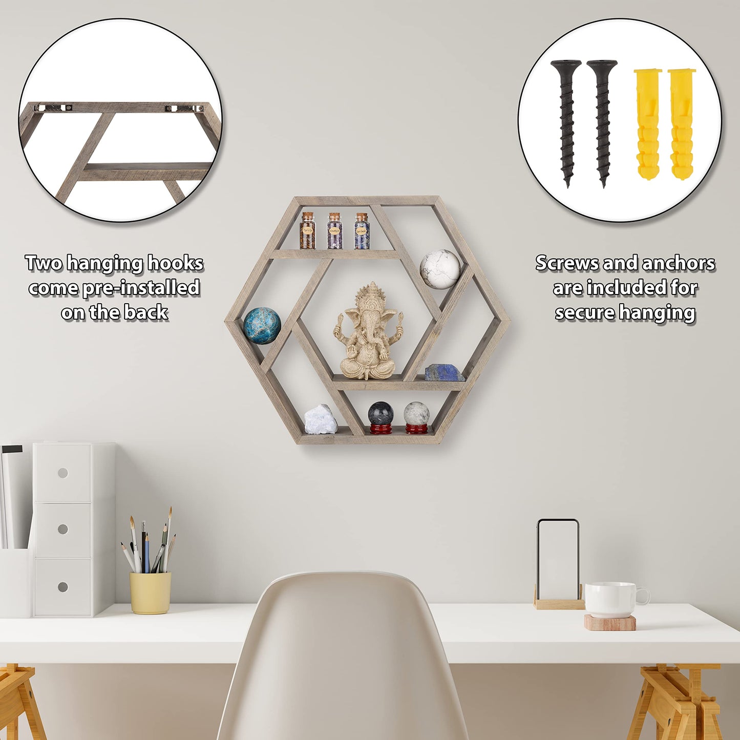 Venture Decor Crystal Display Shelf for Healing Stones and Zen, Essential Oil Shelf for Chakra, Tabletop or Floating Hexagon Shelves for Meditation, Buddha and Spiritual Decor