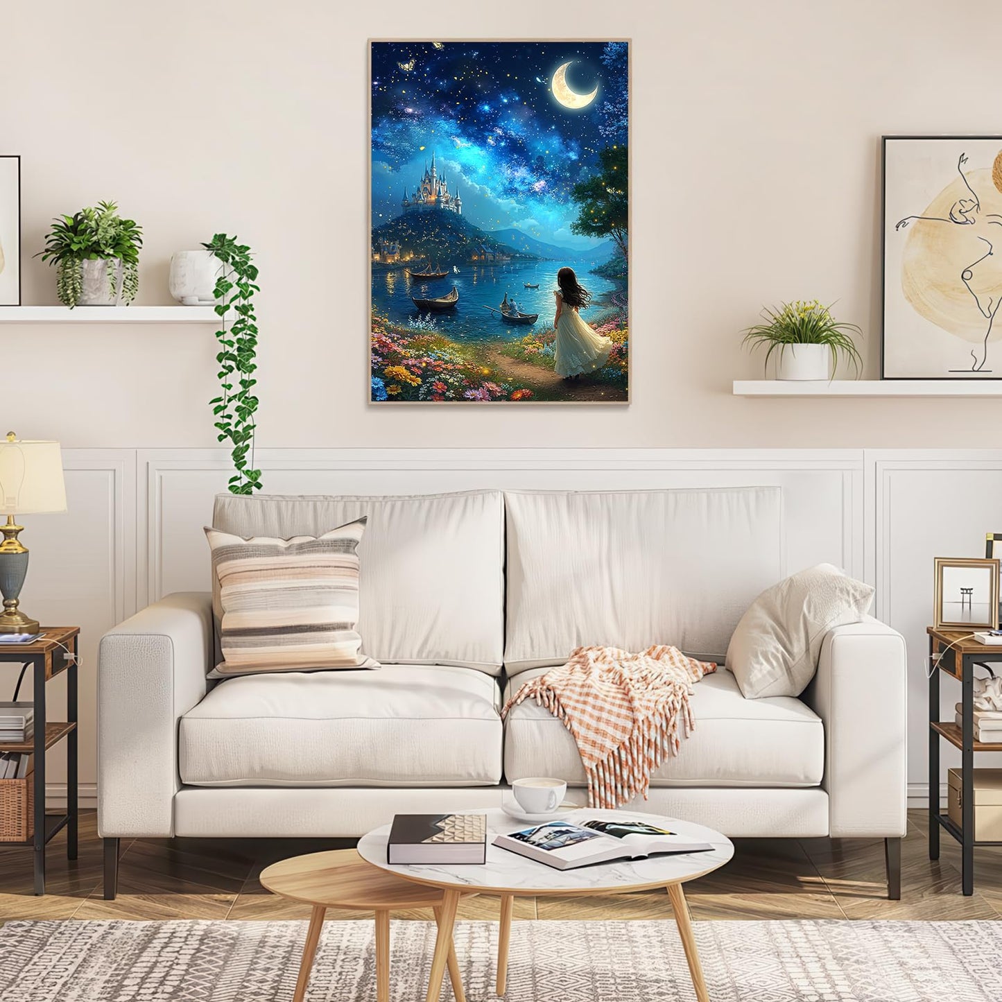 1000 Piece Fairy Tale Castle Puzzle, Dreamy Starry Sky with a Girl by the Flowered Shore, Whimsical Night Scene Art Puzzle, Ideal Gift for Fantasy Lovers & Wall Decor