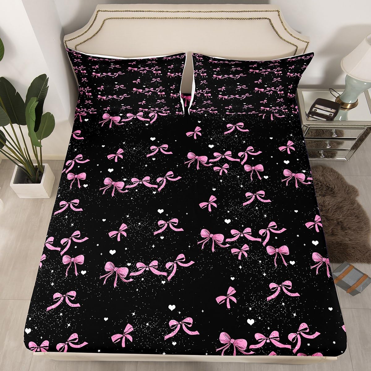 jejeloiu Pink Bow Bed Sheets Set Twin Size Bowknot Bed Set for Kids Boys Girls Butterfly Bowknot Deep Pocket Fitted Sheet Bow-tie Breathable Soft Lightweight Microfiber