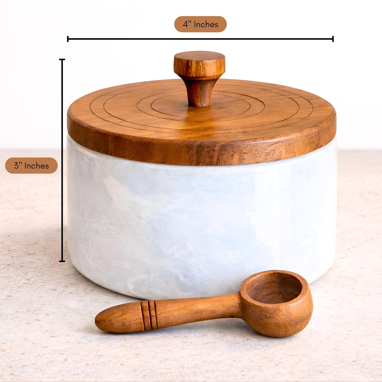 Marble salt cellar with lid and spoon, salt container with spoon, salt bowl with acacia wood lid, salt holder for countertop, salt jar - White