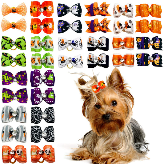 PET SHOW 50pcs Halloween Small Dog Hair Bows with Rubber Bands for Medium Dogs Holiday Bulk Puppies Cats Kittens Rabbits Topknot Grooming Costumes Hair Accessories