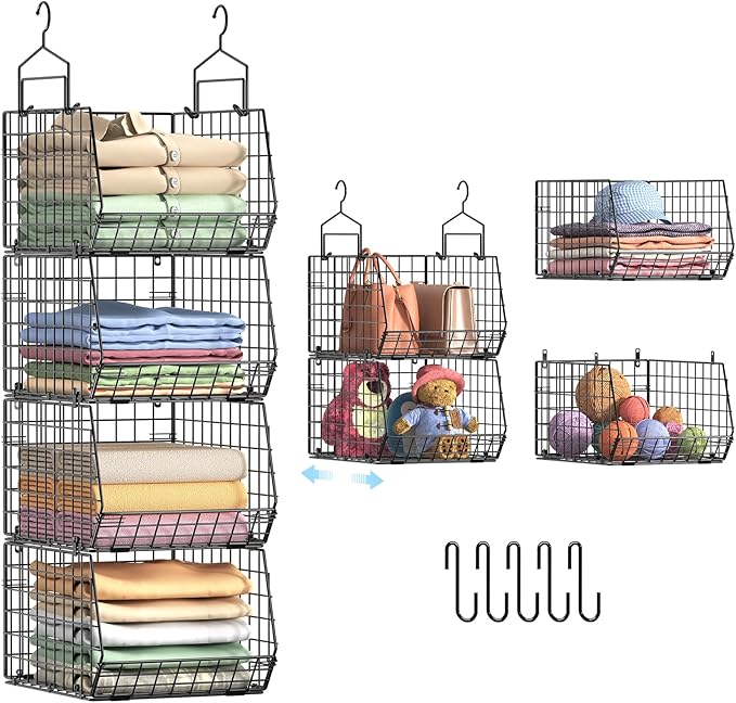 4" Extra Deeper Hanging Closet Organizers and Storage, 4 Tier Foldable Wire
