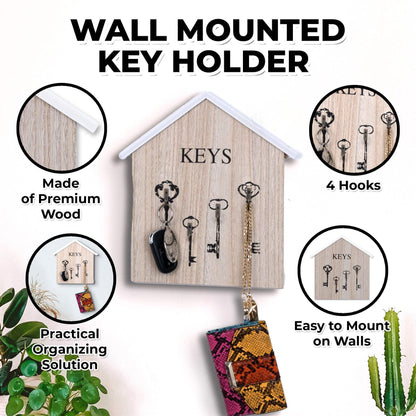 ACCENT COLLECTION HZ Wooden Wall Mounted Key Holder, 10" 4-Hook Farmhouse Rustic Home Office Entryway Decorative Organizer Rack, Gifts