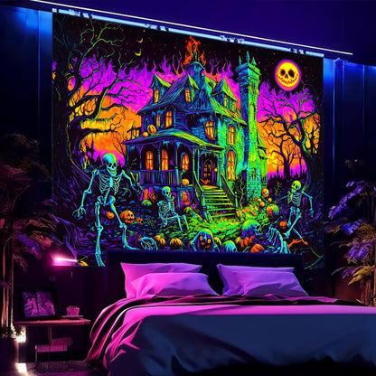 BSFHH Black Light Tapestry – UV Reactive Glow in the Dark Wall Hanging, Spooky Night Scene with Ghosts & Pumpkins, Haunting Home Decor for Parties, Bedroom, or Dorm (Ghost House, 90L x 70W, Unframed)