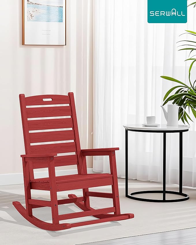SERWALL Outdoor Rocking Chair, Oversized Rocking Chair with Footrest for Adults, HDPE All Weather Resistant Rocking Chairs for Patio, 350lbs Weight Capacity, Red