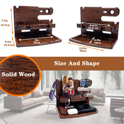 VEIYAILU Gifts for Men Women Dad Husband Boyfriend Wood Phone Docking Station Nightstand Organizer for Men Birthday Gifts (Dark Brown)