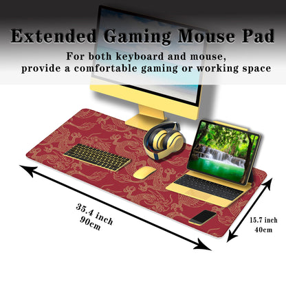 Samgula Keyboard Pad Red, Gaming Mousepad Desk Pad Big Mouse Pads Desk Decor for Men, 900X400 Mouse Pad Waterproof Non-Slip Rubber Base, 35.4 X 15.7 inch for Work/Game/Office/Home Chinese Dragon