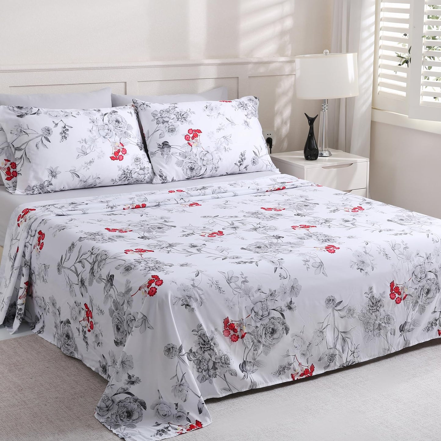 LONAVA Flower Queen Size 6 Pcs Sheet Set, Breathable Microfiber Deep Pocket White Fitted Sheets, Comfy & Breathable Patterned Flat Sheets,4 Gentle Soft Pillowcases, Gothic Rose