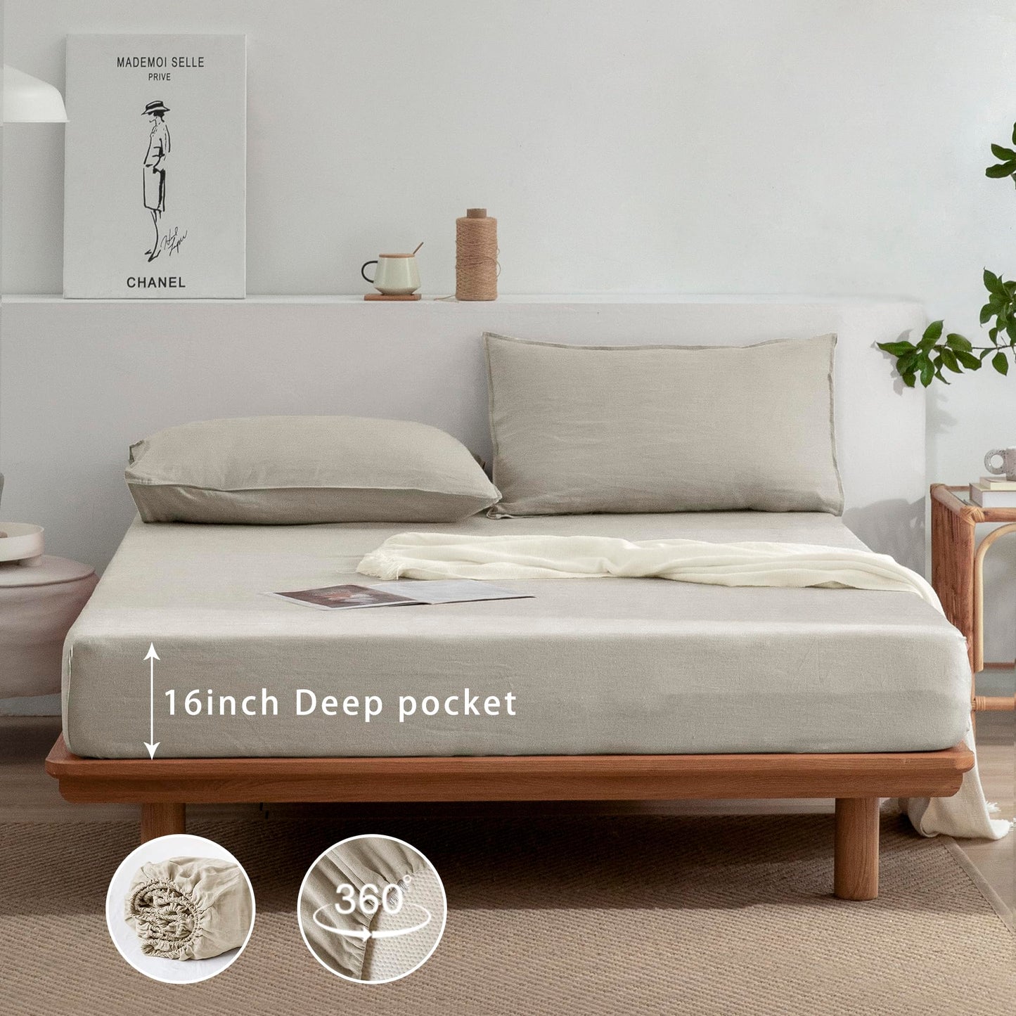 EVERLY Linen Sheets Set Twin Size,100% French Pure Linen Sheets Set,3Pieces (1Flat Sheet,1Fitted Sheet,1Pillowcase) Suitable for Hot Sleepers, Stonewash Not Dyed Deep Pocket Natural Linen Bedding Set