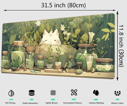 Cute Kawaii White Cat Anime Green Plant Leaves Desk Mat Large Mouse Pad Gaming Desk Pad, XL Extended Mousepad Desk Accessories for Women Office Decor Long Laptop Keyboard Mouse Mat 31.5x11.8 in
