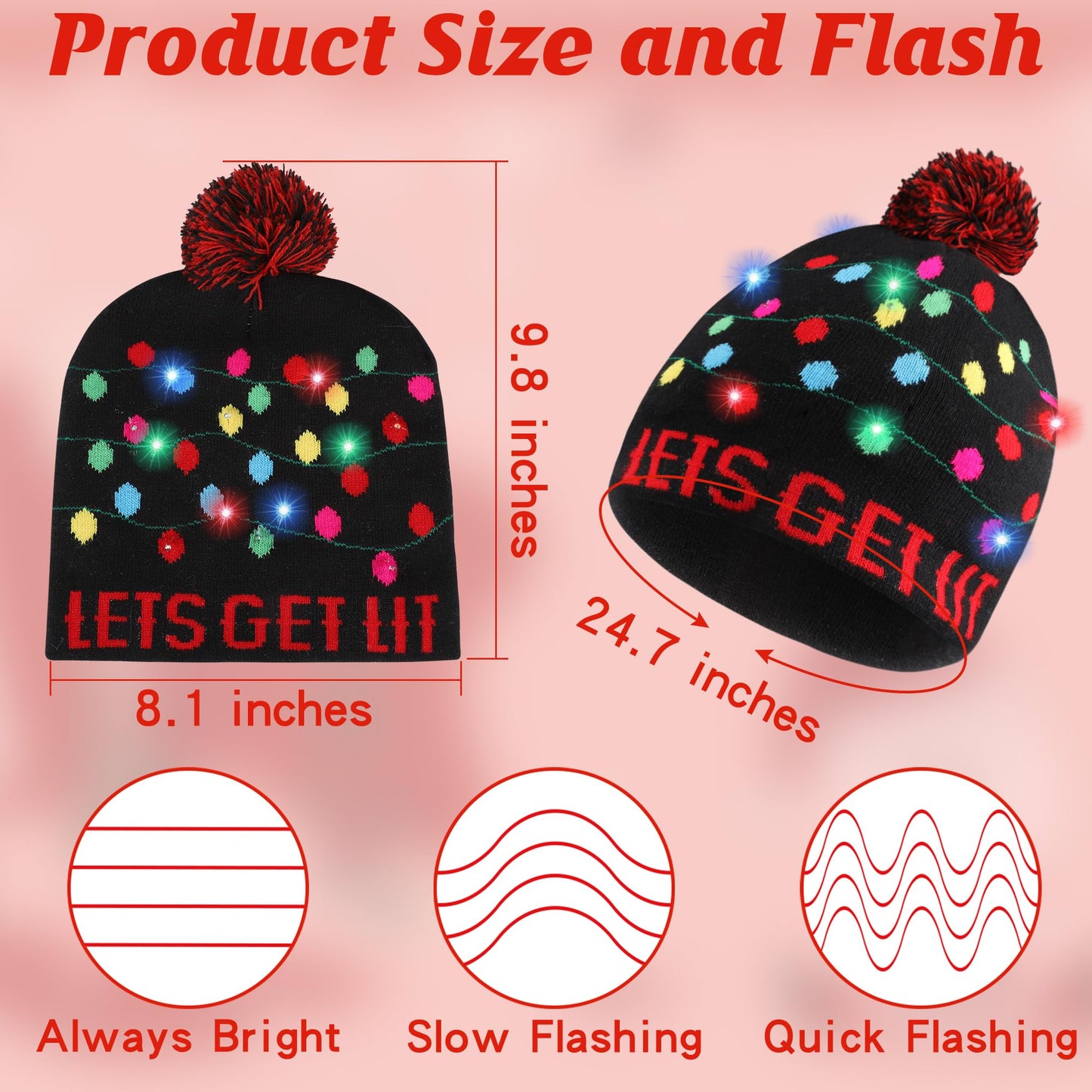 2 PCS Christmas Hat Light Up Christmas Knitted Beanie Hat, Cute Cartoon Design Xmas Knit Cap with 6 Colorful LED Lights, Family Winter Snow Hat Bulk for Xmas Holiday Party Favor, Funny Unisex Cap