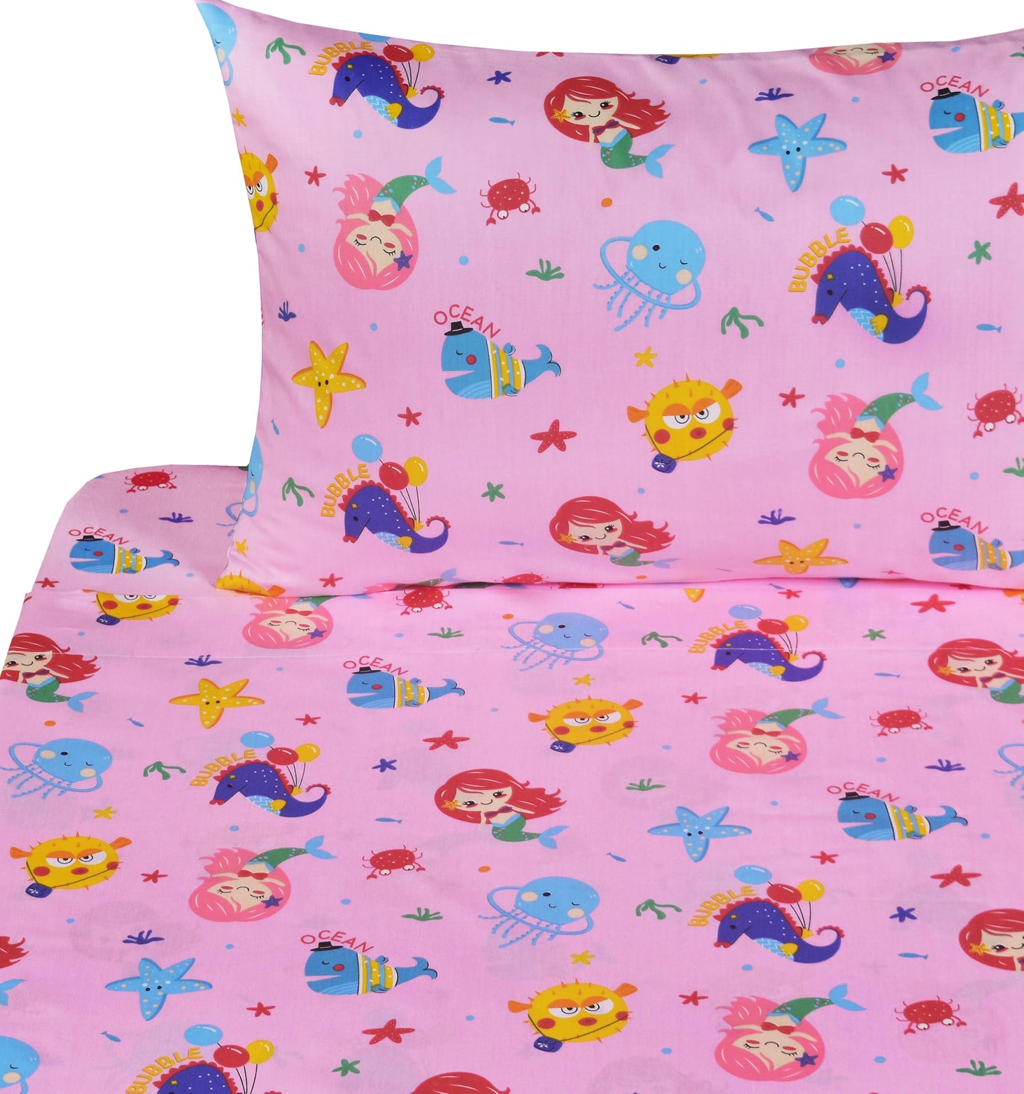 J-pinno Mermaid Fish Whale Pink Ocean Animals Cute Cartoon 100% Cotton 3 Pieces Twin Sheet Set for Kids Girls Boys Children Flat Sheet + Fitted Sheet + Pillowcase Bedding Decoration Gift Set