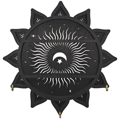 FNYDOX Chakra Lotus Flower Crystal Display Shelf with LED Light, Witchy Home Decor Boho Decorative Wall Mounted Trinket Shelf Wooden Sun Moon Shelf Rock Case Stone Storage Floating Hanging Holder