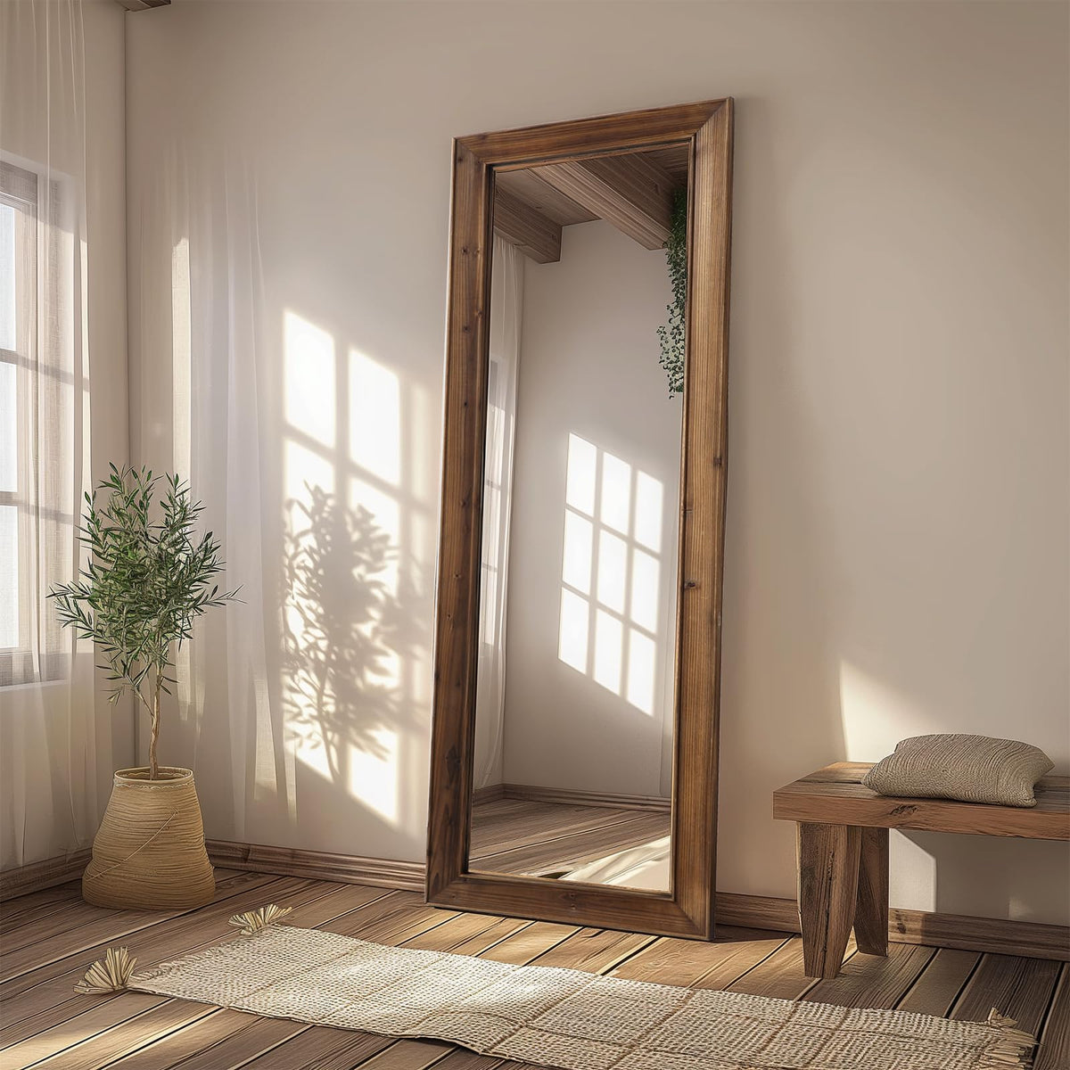 MELOMOIR Rustic Farmhouse Full Length Mirror, 64"x21" Wood Frame Floor Mirror, Free Standing Leaning Hanging Mirror, Long Mirror for Bedroom Living Room Cloakroom