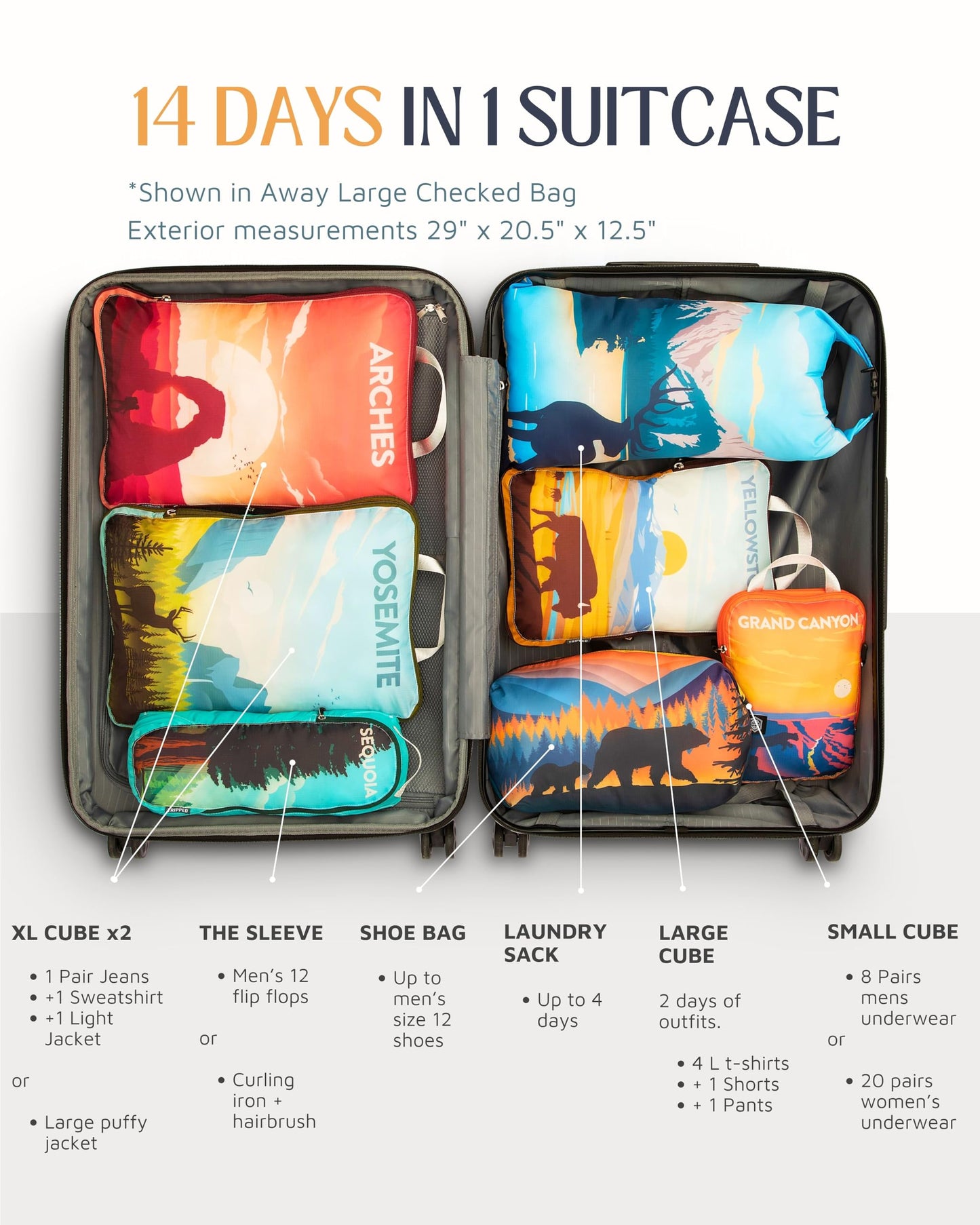 Packing Cubes for Travel-Extra Large Luggage Organizers 7 Piece Set-Ultralight, Expandable/Compression Bags for Clothes by TRIPPED Travel Gear (National Parks)