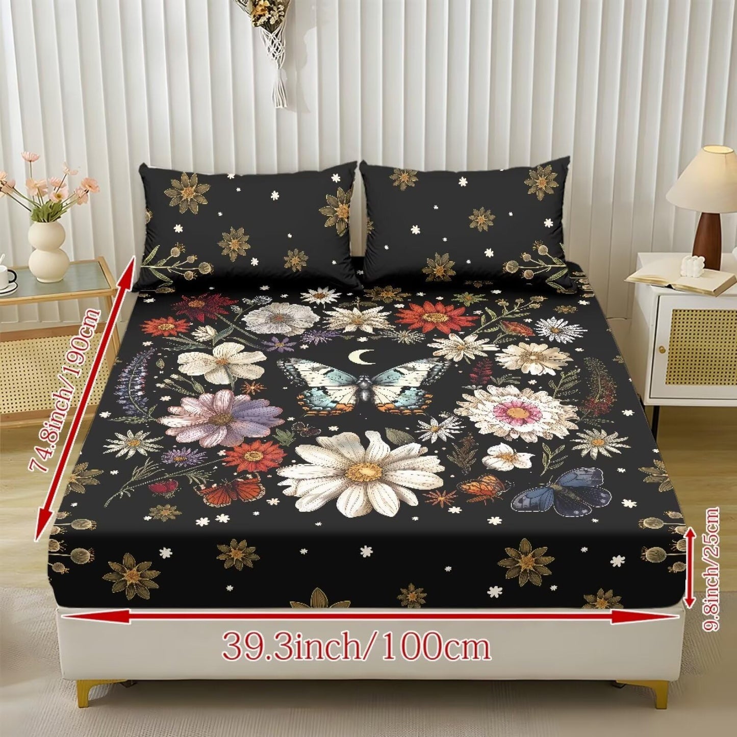 ZDCUSTOM Twin XL Size Floral Butterfly Sheets 3pcs Bedding Set for Girls Comfy & Wrinkle Free Fitted Sheet with 2 Pillowcases Black Bedsheet Easy Install Bedsheets, 39" x 79"