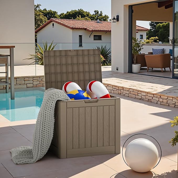 JUMMICO 42 Gallon Deck Box Waterproof, Resin Outdoor Storage Box with Side Handles, Outdoor Storage Benches Lockable for Patio Cushions and Garden Tools (Light Brown)