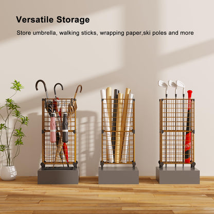 AWTATOS Umbrella Holder Entryway, Umbrella Stand Freestanding, Metal Square Umbrella Rack Organizer with a Removable Drip Tray, Hooks, Brown