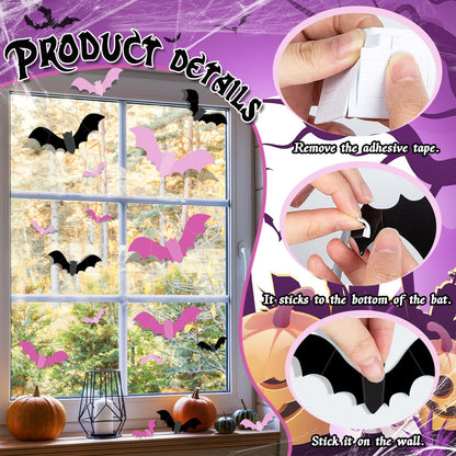 Pink Bats for Wall Halloween 3D Bat Blush and Black DIY Wall Decal Bathroom Indoor Cute Pastel Halloween, PVC Door Bats Stickers for Home (48pcs)