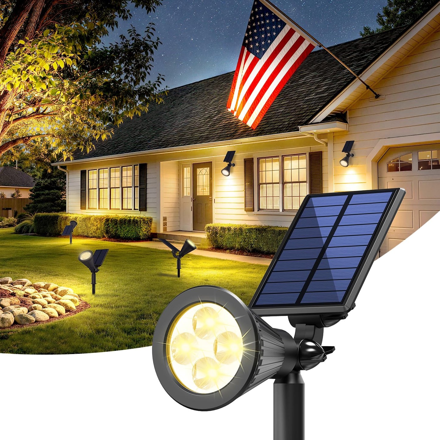 JEJOT 1 Pack Solar Lights Outdoor Waterproof,Warm White Light,2 Lighting Modes,Solar Powered Spotlights for Yard Garden Solar Spot Lights for Flag Landscape Auto On/Off