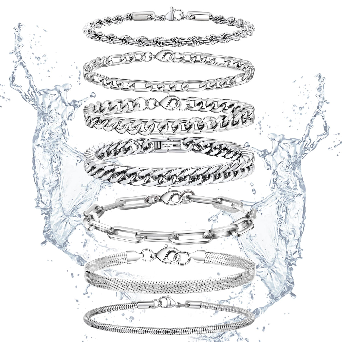 Ritach 7 Pcs Stainless Steel Bracelets for Men Women Cuban Link Bracelet Rope Paperclip Chain Bracelets Set 7.5/8.0 Inches Mens Metal Bracelets Silver Bracelets