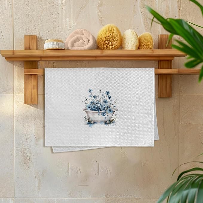 Blue Floral Hand Towels for Bathroom Set of 2, Flower Botanical Dish Tea