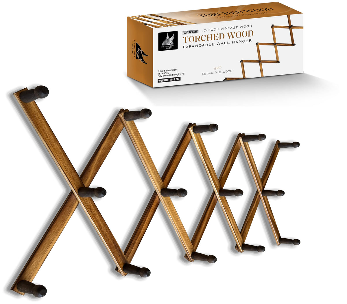 Expandable Wooden Coat Rack Hanger - Large Accordion Hanger with Expanding Pegs | Hand Made Rustic Wooden Hat Rack for Wall | Hang Coat, Jacket, Hat | Wall Rack – 14 Hook, Torched Wood