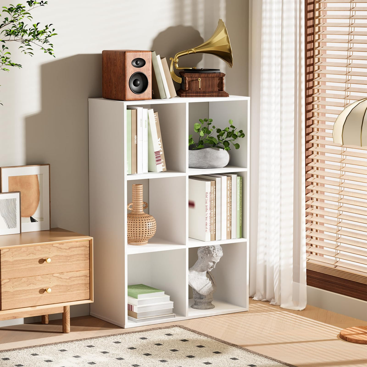 Nestwise 6 Cube Storage Organizer, Open Bookshelf Storage Cubes Shelf with Back Panel, Wooden Display Shelf Bookcase Standing Shelves for Living Room, Bedroom, Home Office (White, 6-Cube)