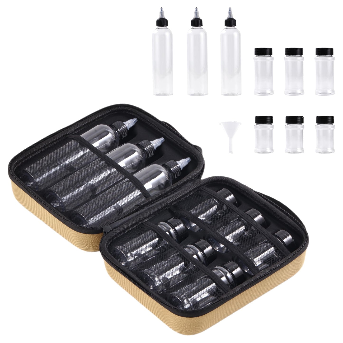 11-Piece Camping Spice Kit - 6 Powder & 3 Liquid Containers with Leakproof Lids, Portable funnel, EVA Hard Case - Portable Seasoning Set for Hiking, BBQ, RV Travel - BPA-Free PET Bottles