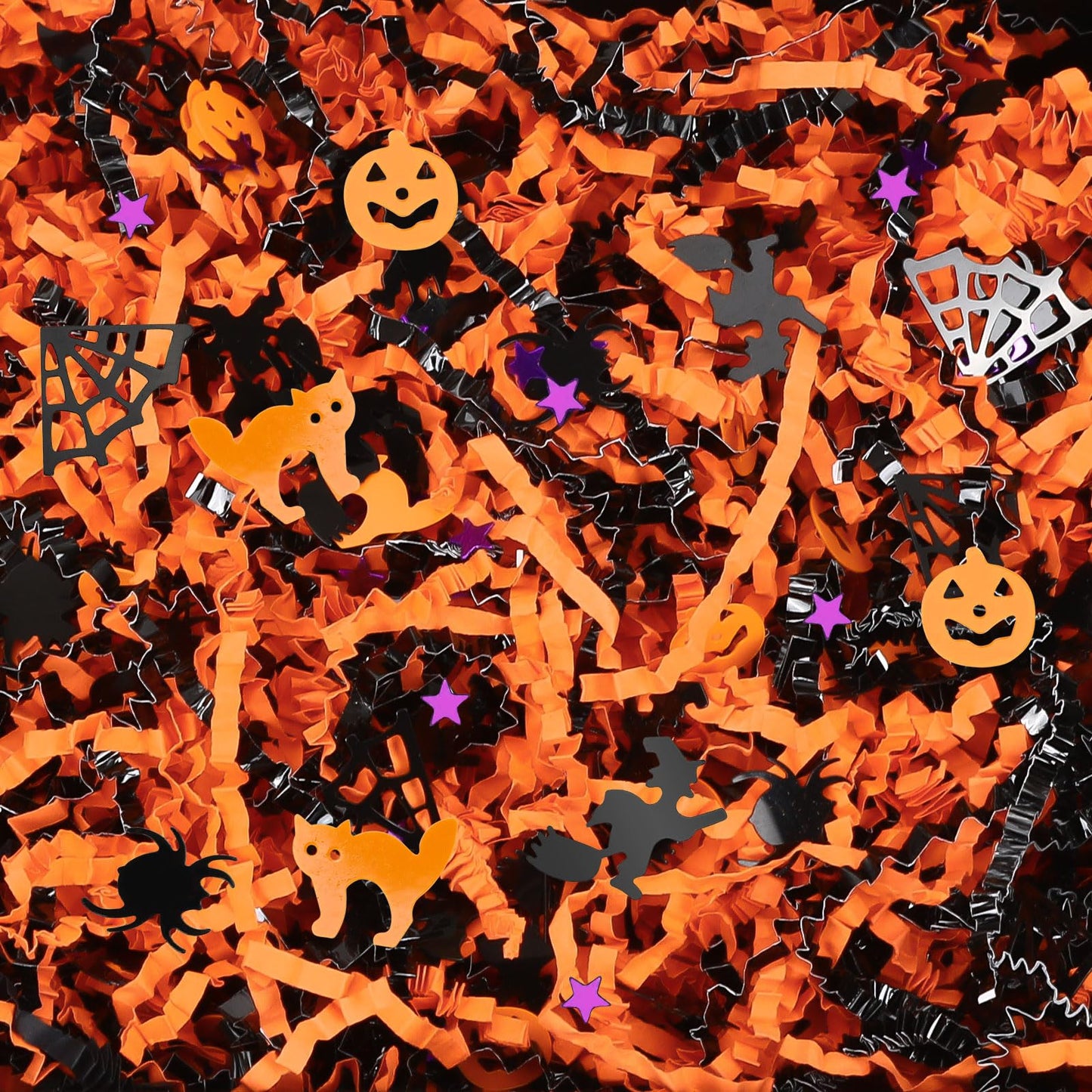 Jansun Halloween Black Orange Crinkle Cut Paper, 453g/16oz Shred Filler with Pumpkin Spider Bat Witch Confetti for Gift Wrapping Craft DIY Basket Filling Trick or Treat Candy Decorations