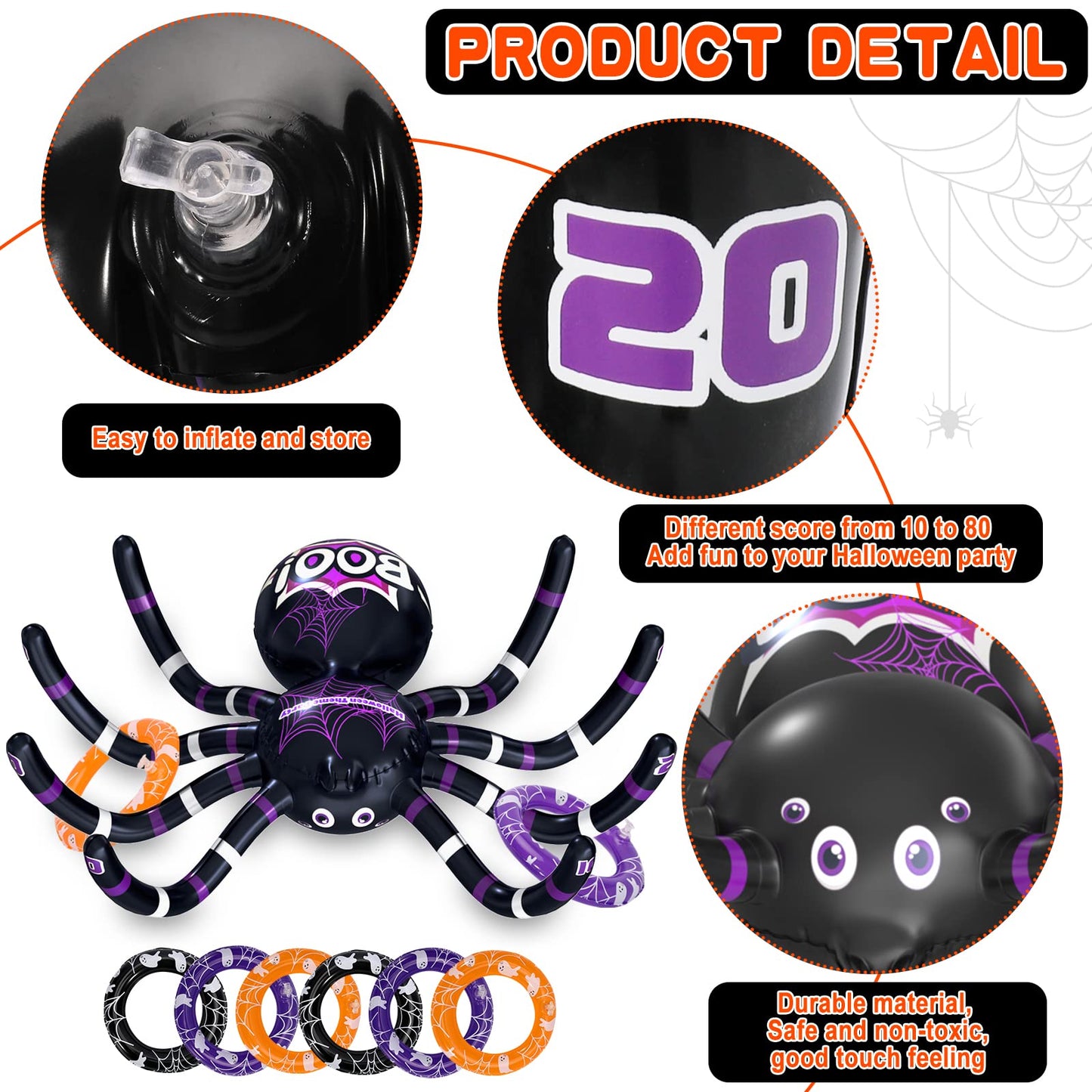 Max Fun Halloween Ring Toss Games for Kids, 2 Pack Inflatable Spiders Set Halloween Party Favor Supplies Holiday Carnival School Decoration Outdoor Indoor Spooky Creepy Game