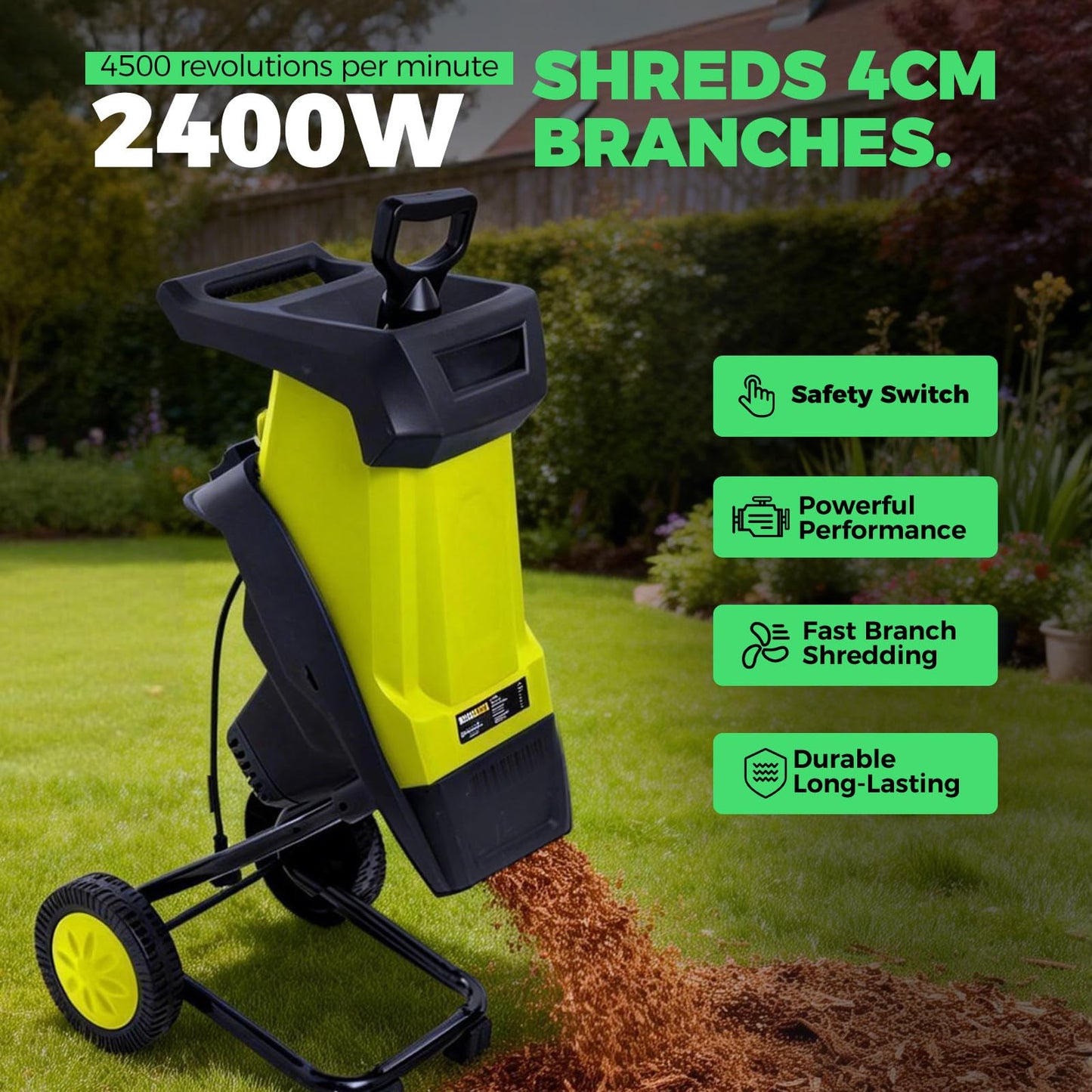 ZHDANB Electric Compost Shredder, Mulching Machine, 50L Collection Bag, 40mm/1,57in Branch Chipper, Electric Leaf Shredder, for Processing Branches, Sticks & Yard Waste Yellow