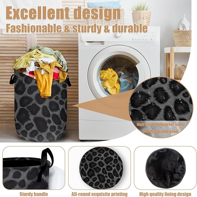 Grey Black Leopard Print Laundry Basket, Foldable Animal Leopard Laundry Hamper