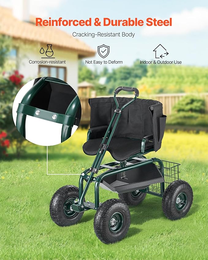 VEVOR Garden Seat with Wheels, Rolling Garden Stool with Height Adjustable & 360° Swivel Seat, 400lbs Weight Capacity, Gardening Cart Bench, Ergonomic Backrest & Tool Storage, for Yard, Patio