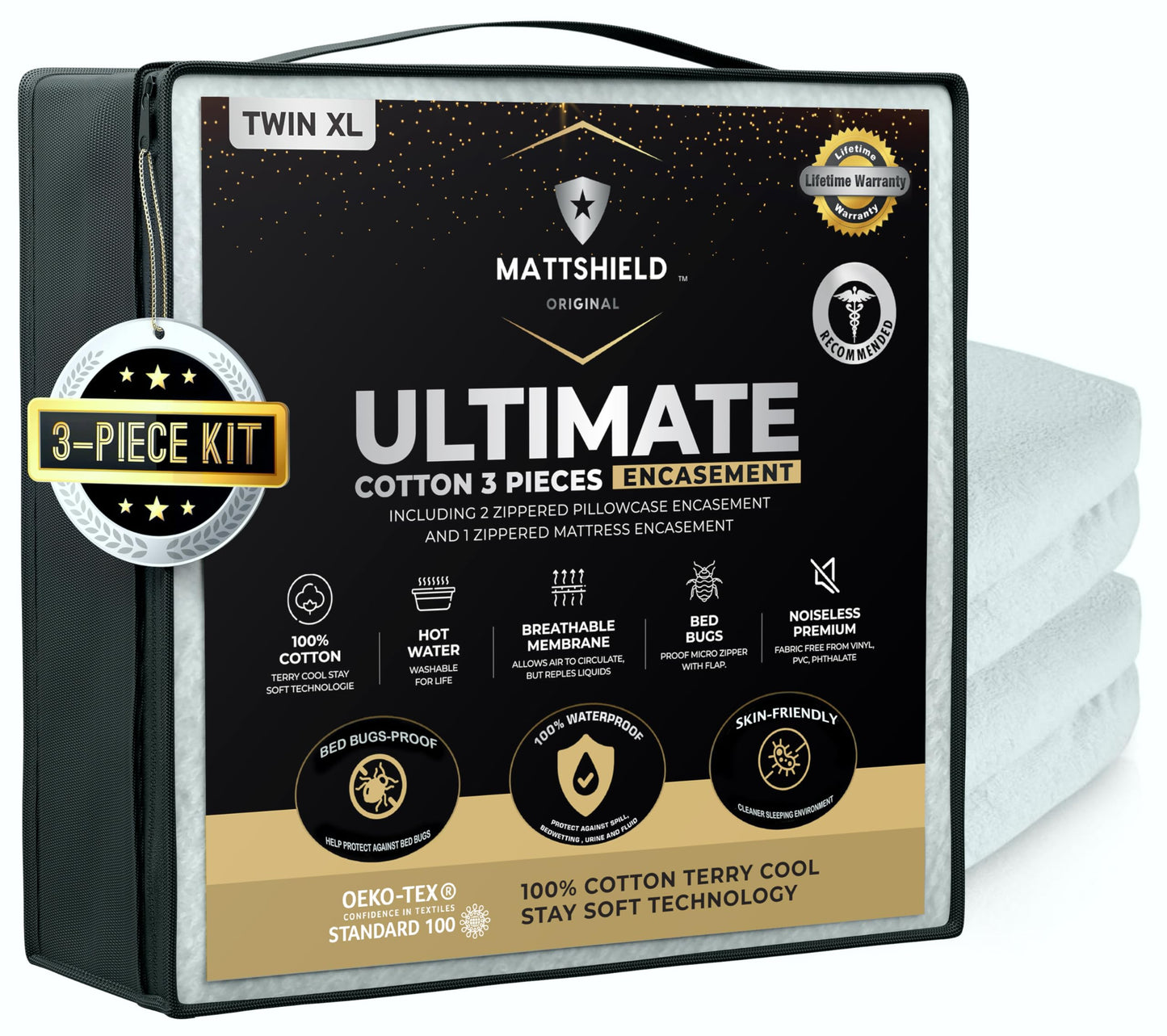 MATTSHIELD Ultimate 3-Piece Kit - Bed Bug-Proof Mattress Cover Twin XL - 100% Cotton Top + 2 Pillow Protectors with Zipper - 6 Sided Waterproof Encasement, Total Defense Kit