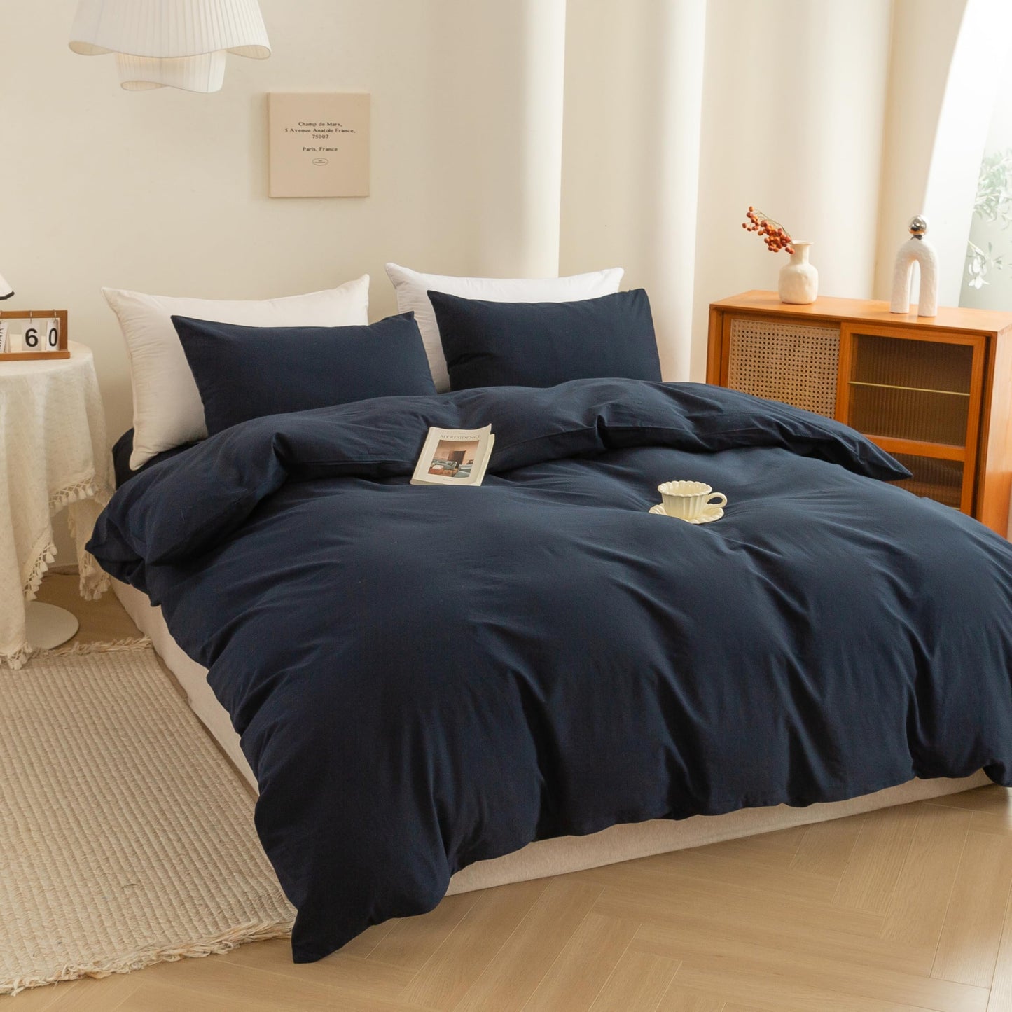 ECOCOTT Navy Blue Duvet Cover Queen Size, 100% Washed Cotton 3 Piece Bedding Set 1 Duvet Cover with Zipper and 2 Pillowcases, Ultra Soft and Easy Care Breathable Duvet Cover(Navy Blue, Queen)