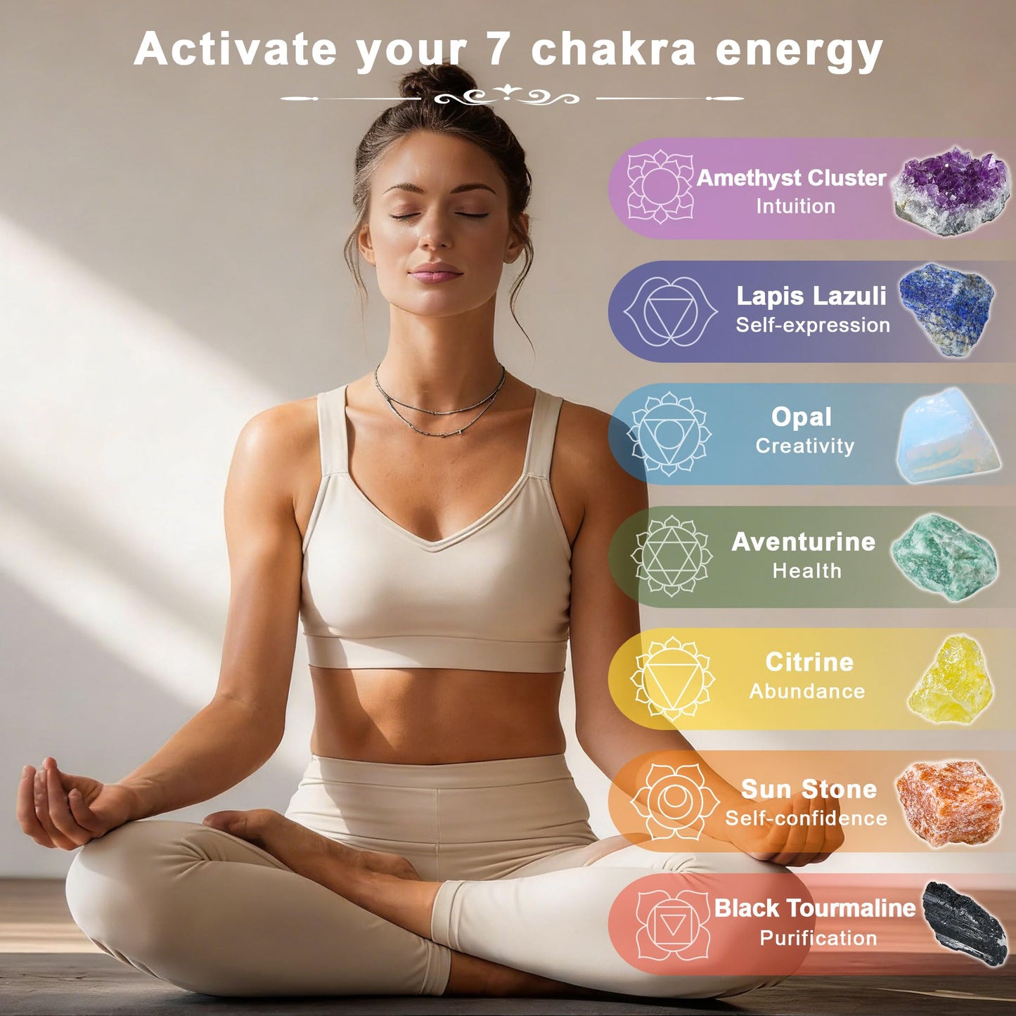 MYDAYS&DESIGN 7 Chakra Healing Crystals Set for Meditation Yoga Reiki, Amethyst Cluster, Lapis Lazuli, Opal, Green Aventurine, Citrine, Sunstone, Black Tourmaline with Wooden Gift Box and Guidebook