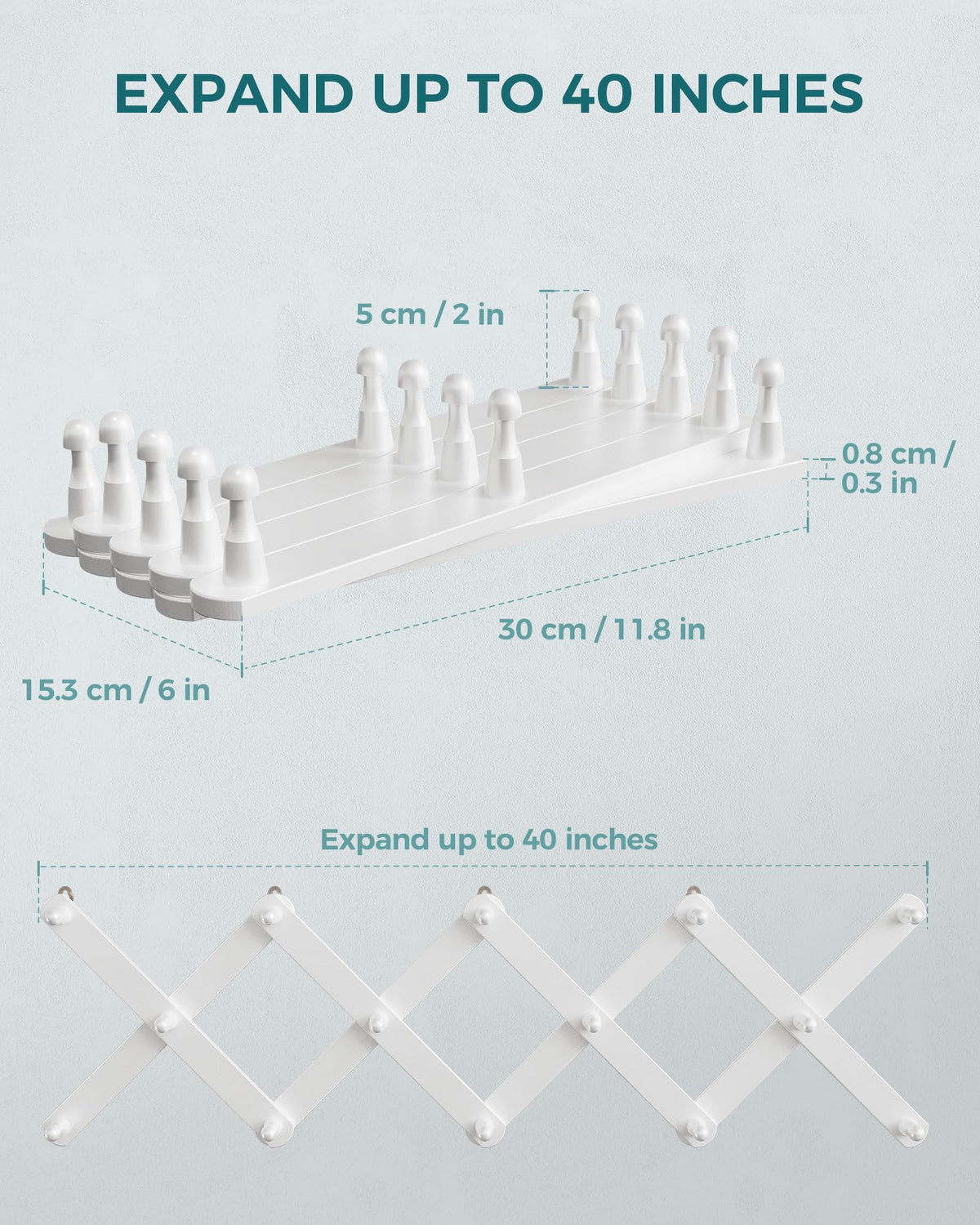 OROPY Accordion Wall Hanger with 14 Pegs, Expandable Wooden Coat & Hat Rack