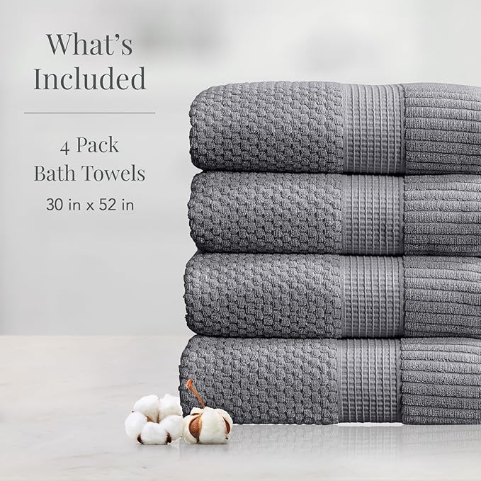 NY Loft 100% Cotton Bath Towel Set of 4 | Grey Towels | Oeko-TEX® Standard 100