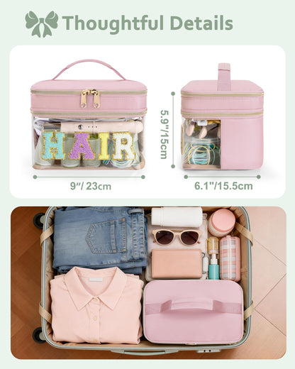 Fasrom Double Layer Hair Accessories Organizer, Preppy Patch Makeup Bag with HAIR Chenille Letter, Portable Travel Cosmetic Pouch Clear Toiletry Case for Women Girl, Pink(Bag Only, Patent Design)