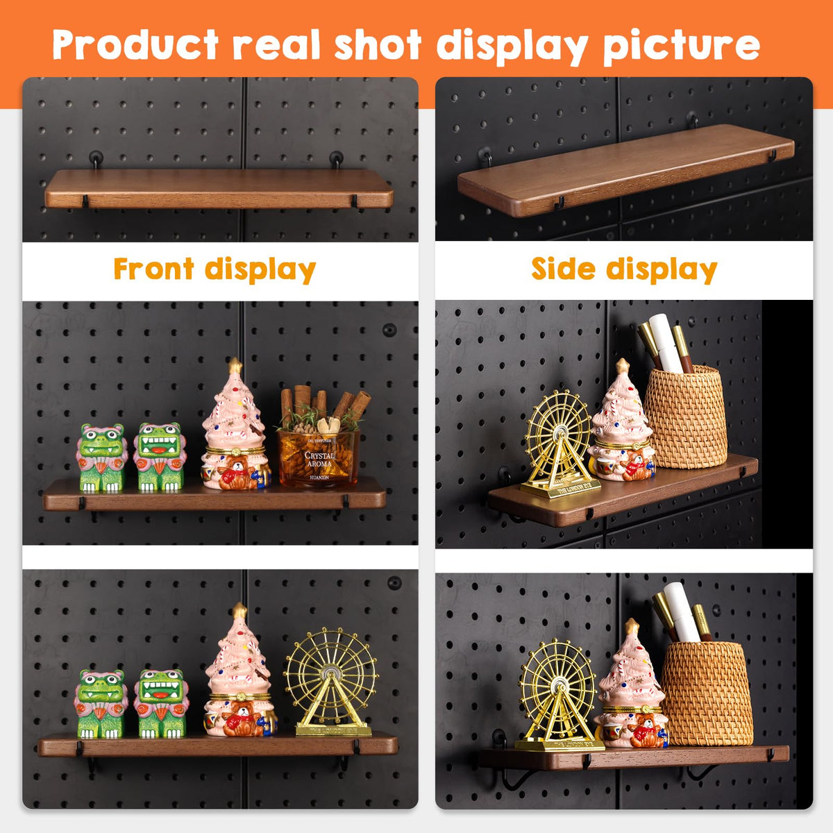 SEMPOMA 2 Pcs Walnut Finish Wooden Pegboard Shelf for 1/4" Metal Pegboard