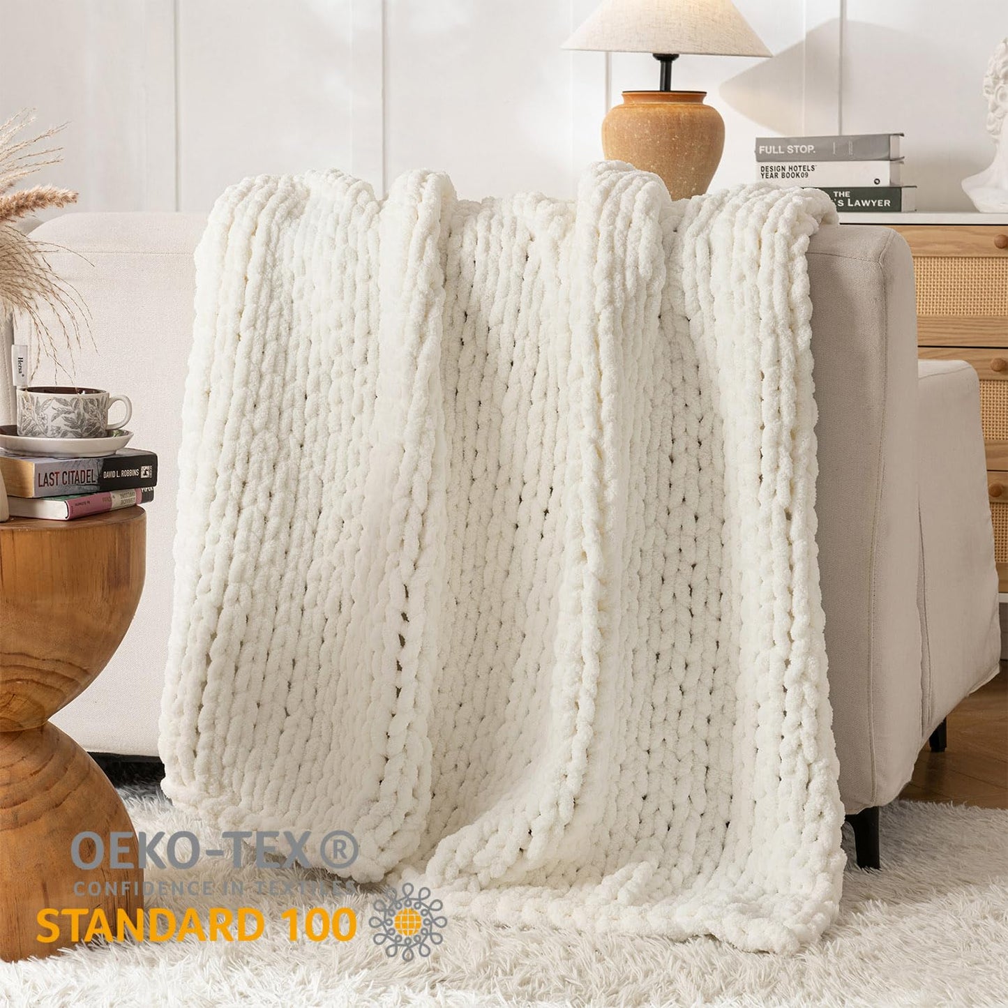LAST MODA Chunky Knit Blanket Throw, 100% Hand Knit Throw Blanket Handmade Chenille Cable Knit Throw for Couch, Stylish Cozy Soft Rope Knot Crochet Blanket for Home Decor, Ivory, 50x60 Inches