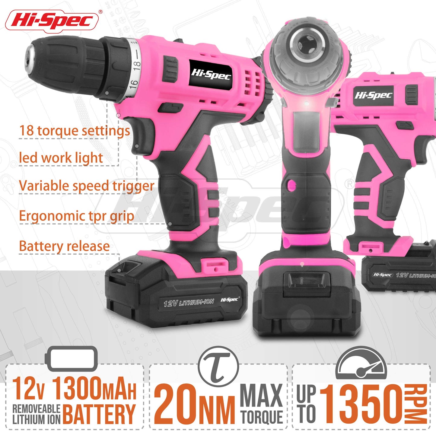 Hi-Spec 50pc 12V Pink Electric Cordless Power Drill Driver. in a Carry Case with Rechargeable Battery, Power Screwdriver Bits, Wood, Metal, and Masonry Drill Bit Set Accessories
