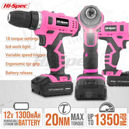 Hi-Spec 50pc 12V Pink Electric Cordless Power Drill Driver. in a Carry Case with Rechargeable Battery, Power Screwdriver Bits, Wood, Metal, and Masonry Drill Bit Set Accessories