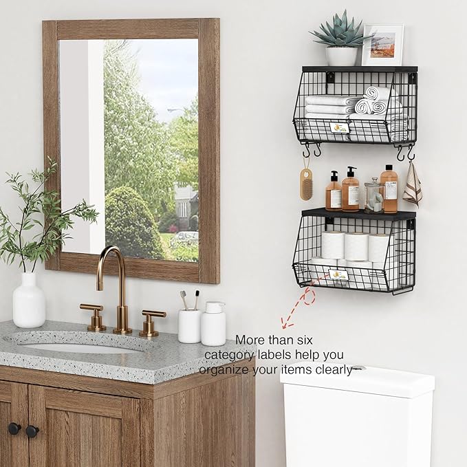 Black Kitchen Wall Hanging Storage Basket Set of 2, Rustic Stackable Kitchen