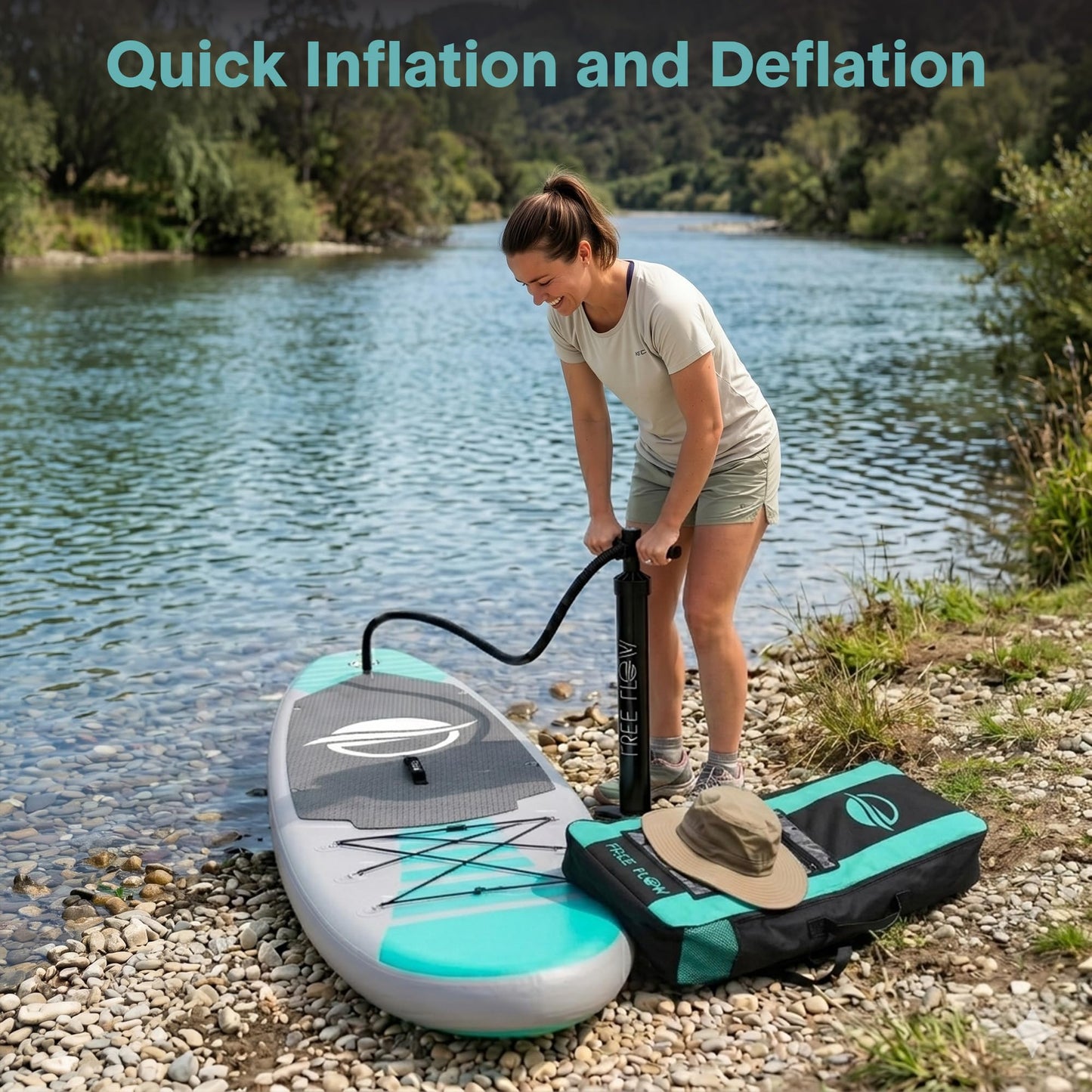 SereneLife 10’6” Inflatable Stand Up Paddle Board with Premium SUP Accessories - 32” Wide Stable Design with Non-Slip EVA Deck Pad, for Youth and Adults, 350 lbs. Capacity