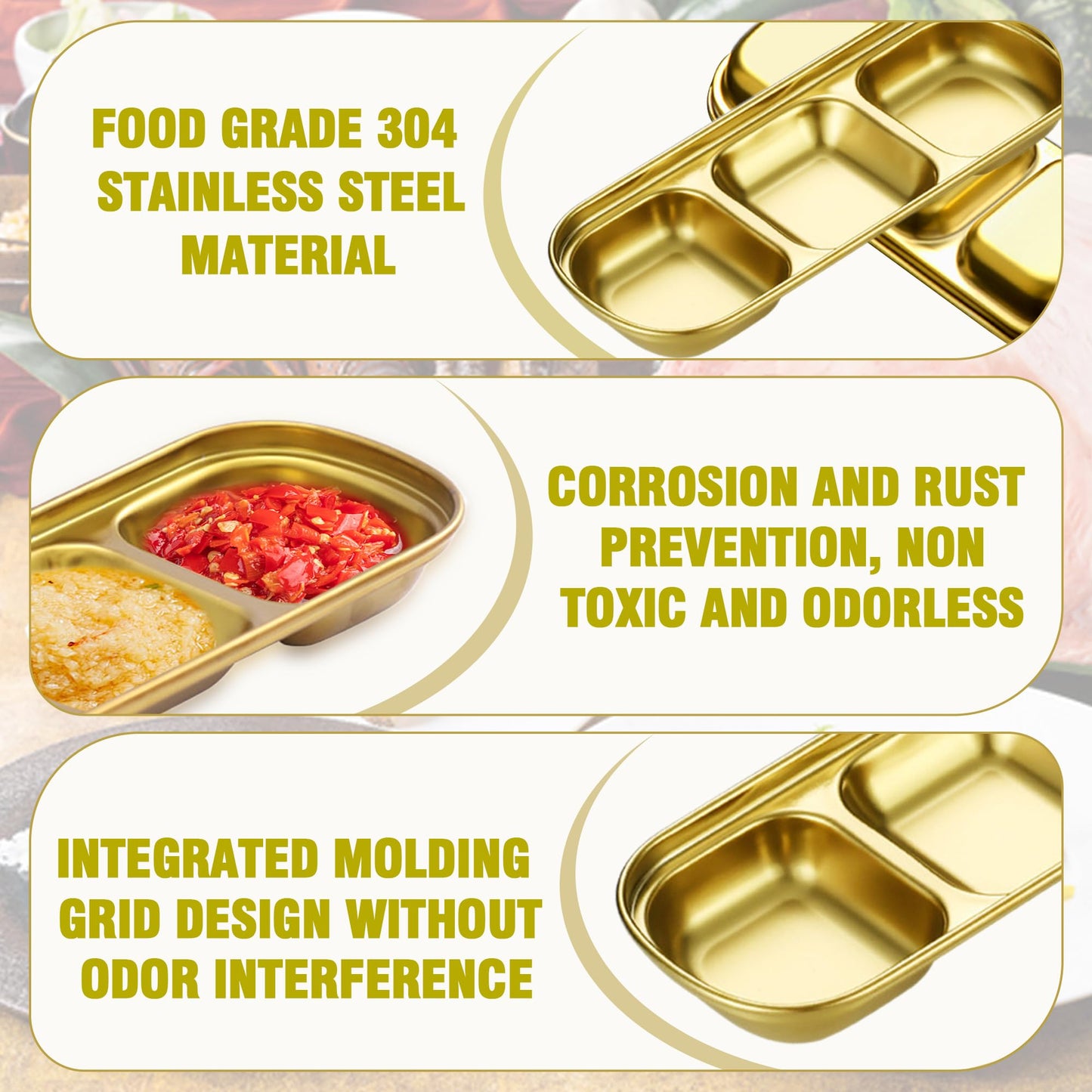 14 Pcs Soy Sauce Dish Stainless Steel Divided Dip Bowls Korean Sauce Plate Seasoning Dipping Condiment Tray for Sushi BBQ Vinegar Spice Salt Sugar Flavor Home Kitchen Restaurant (Gold, 3 Compartment)