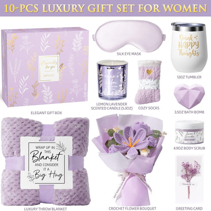 Mothers Day Birthday Gifts for Women Self Care Package Get Well Soon Gift Baskets, Thinking of You Sympathy Spa Gift Set w/ Crochet Flower Bouquet, Unique Gifts for Women Mom Sister Grandma Friends