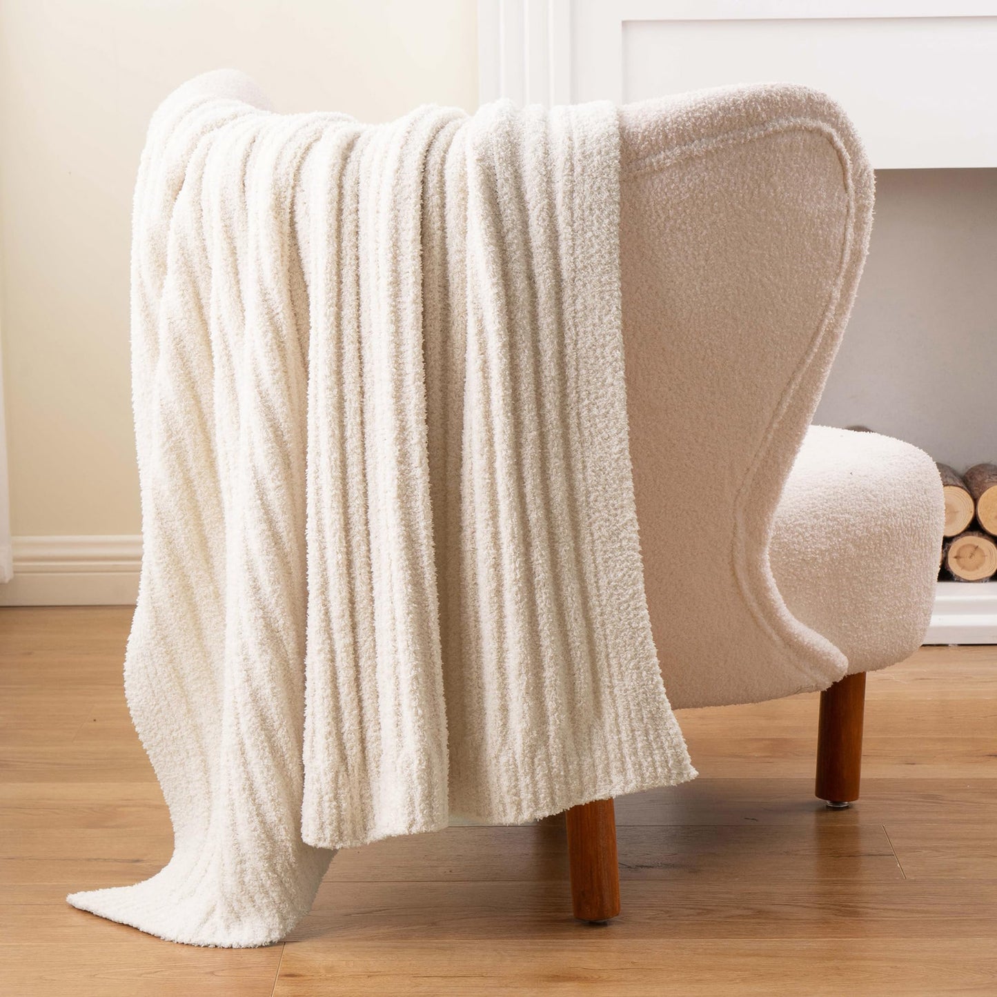 BATTILO White Throw Blanket for Couch, Knit Fuzzy Plush Cream Throw Blankets, Warm Cozy Lightweight Blanket for Bed, Sofa, Home Decor, 50"x60"