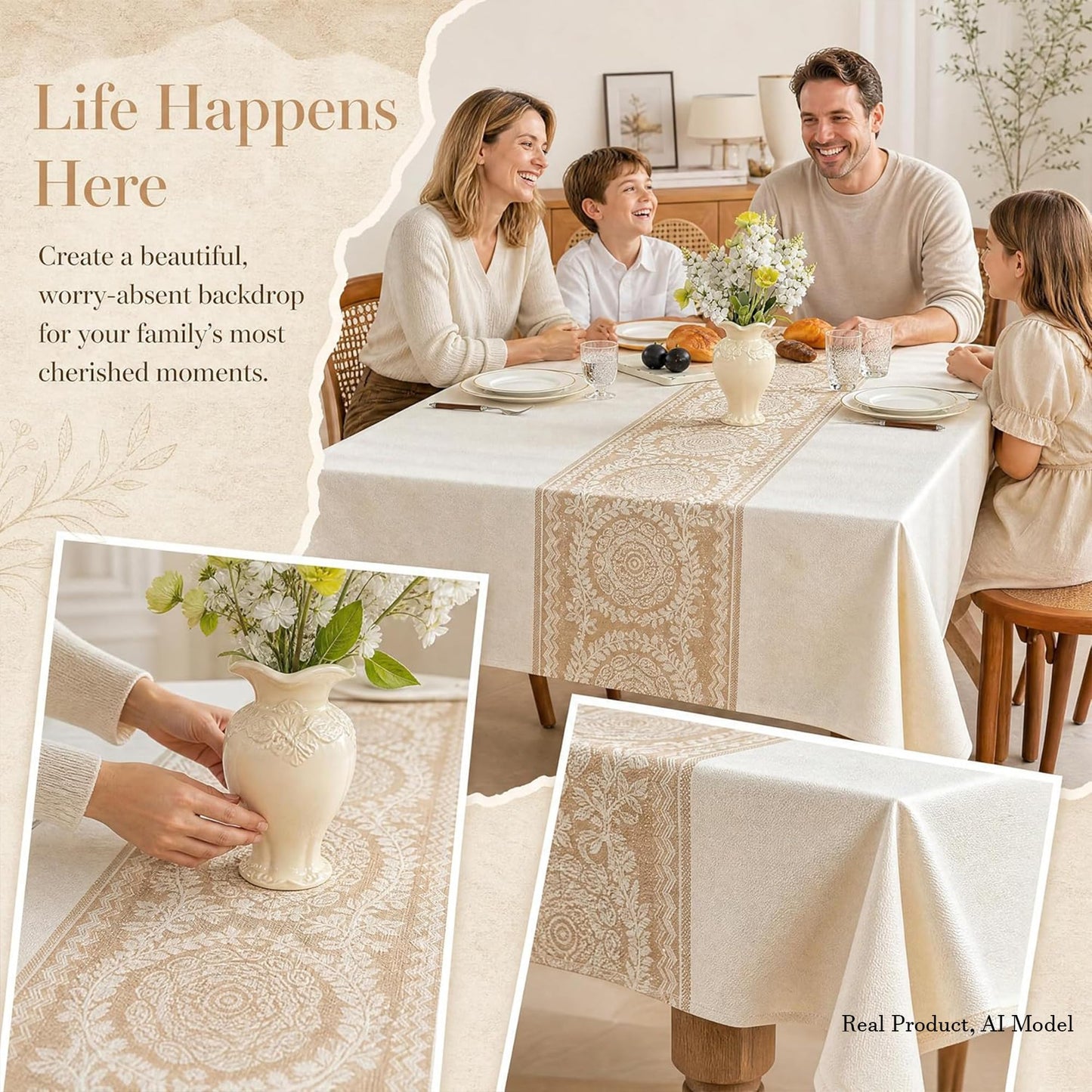 UWWGKK Nordic Beige Linen Tablecloth, Heavy-Duty Rectangle Cover